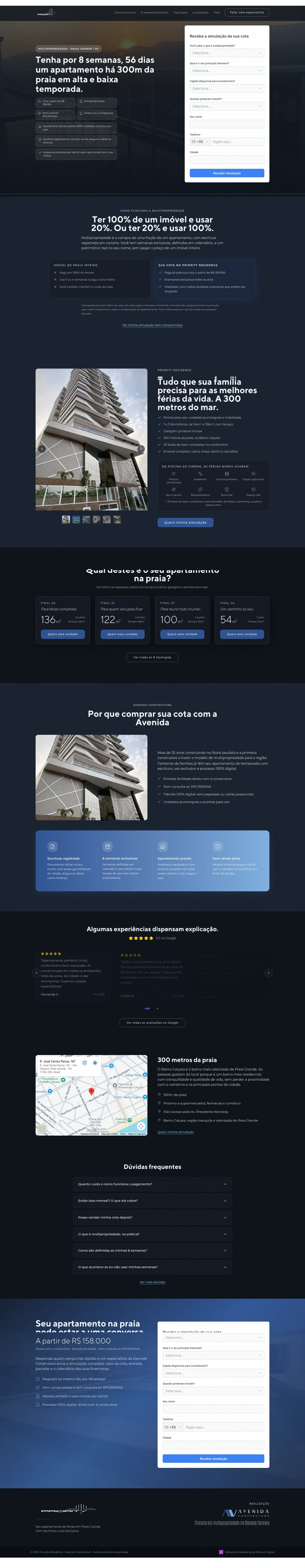 Landing page do Priority Residence, com simulação de cota e explicação da multipropriedade