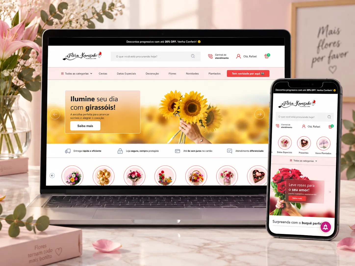 Loja virtual Flora Kamisaki exibida em notebook e celular
