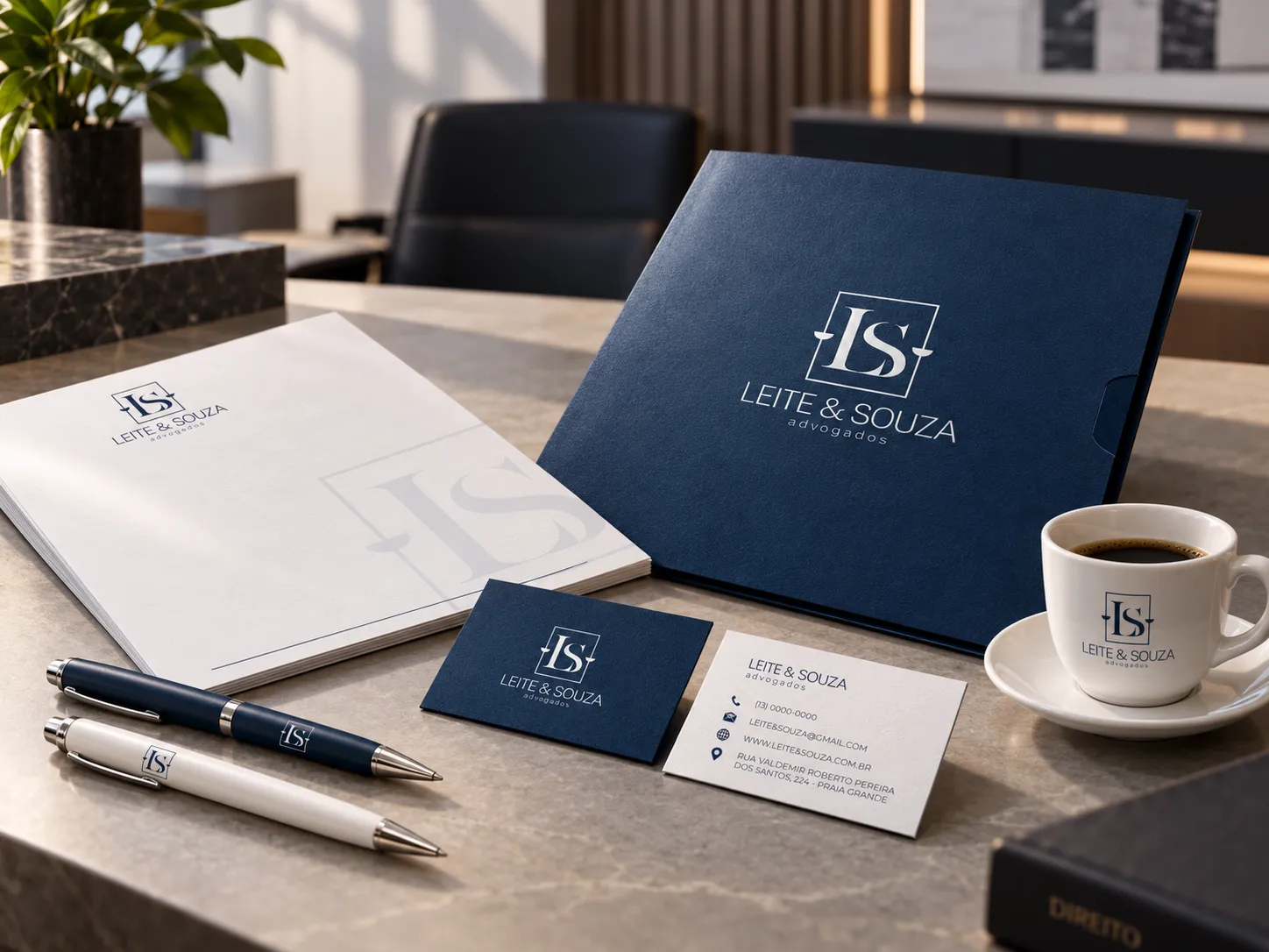 Materiais institucionais da Leite & Souza Advocacia com a nova identidade visual