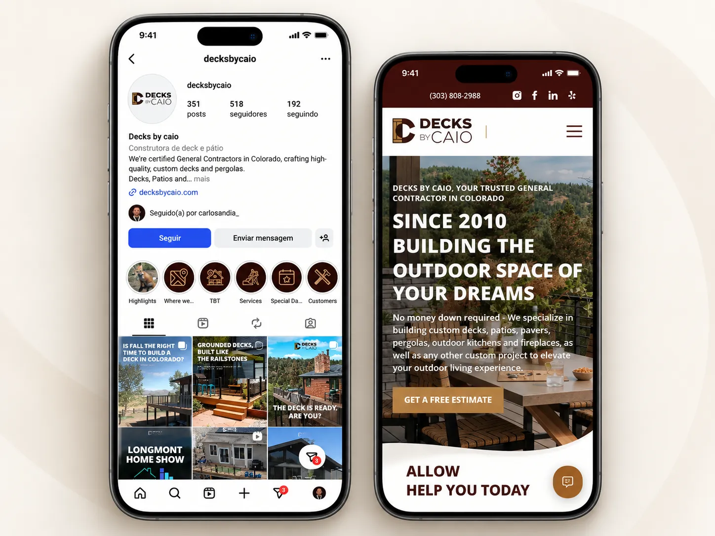 Perfil do Instagram e site da Decks by Caio em celulares