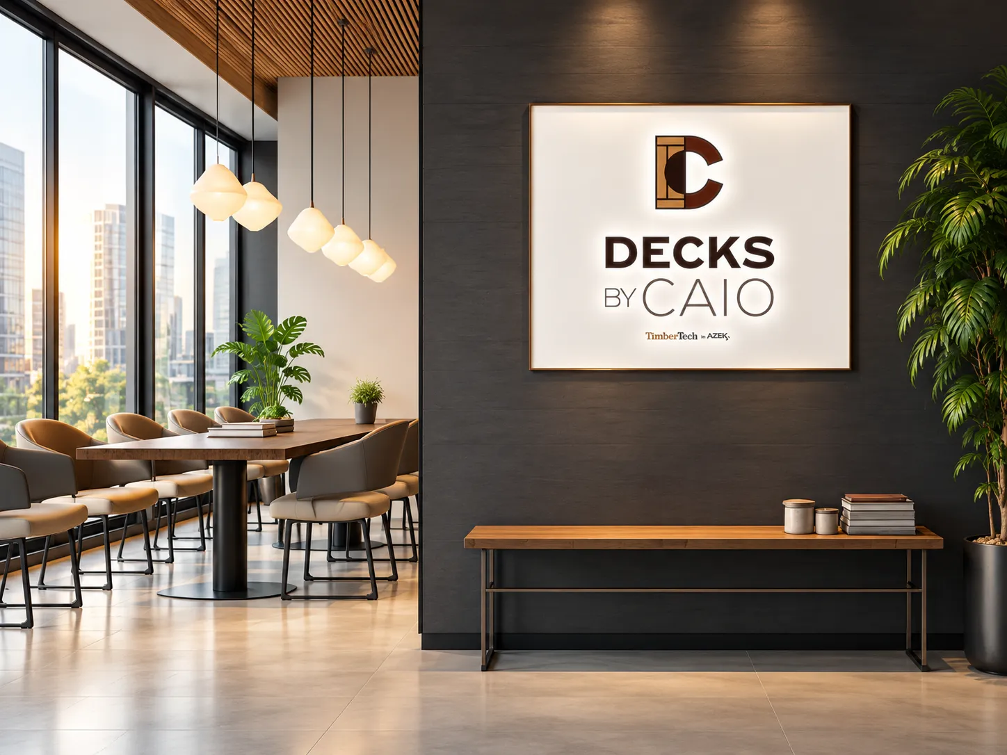 Placa interna iluminada com a marca Decks by Caio
