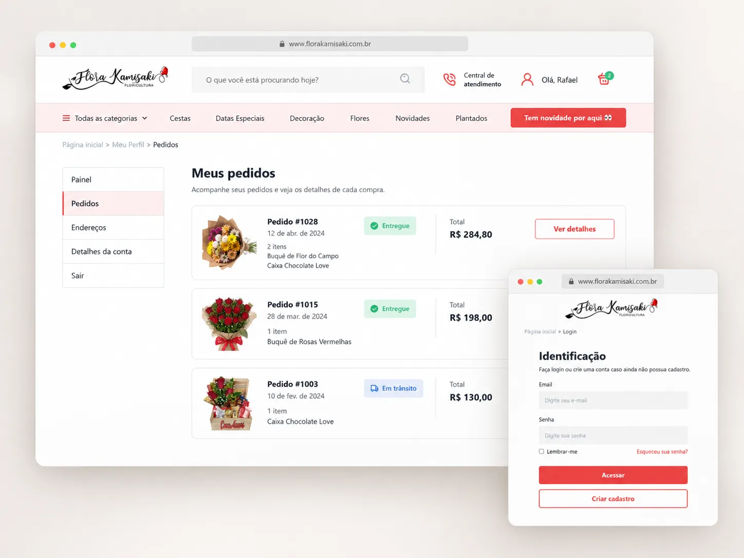 Área do cliente da Flora Kamisaki com login e histórico de pedidos