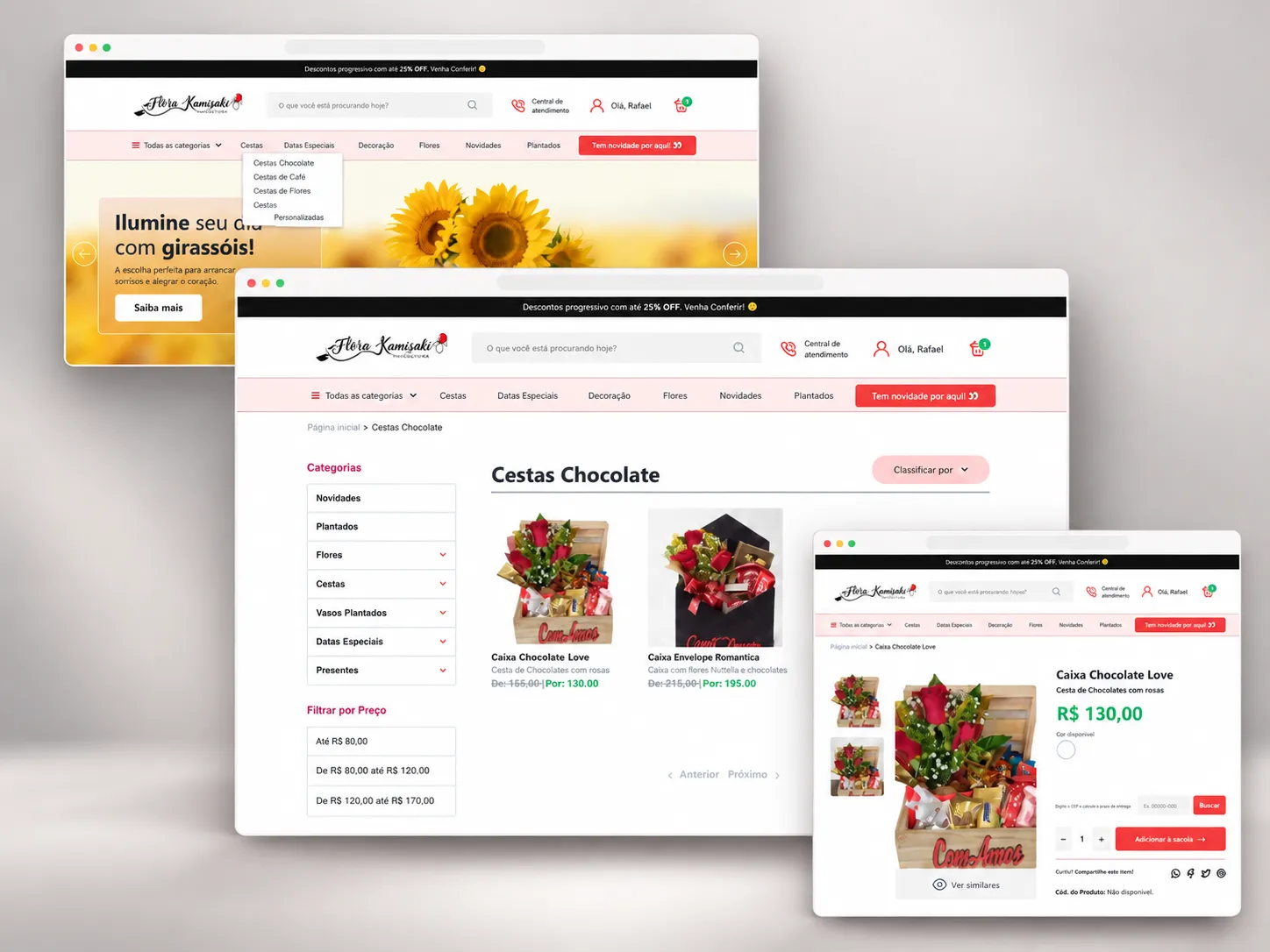 Catálogo da loja Flora Kamisaki com categorias e páginas de produto