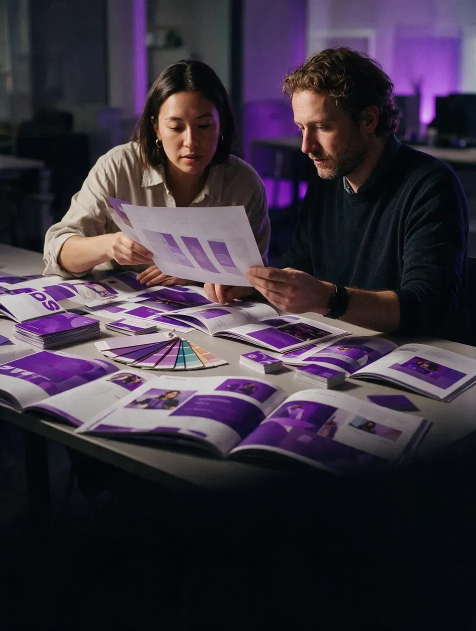 Dupla analisando materiais de marca impressos e cartela de cores em ambiente com luz violeta