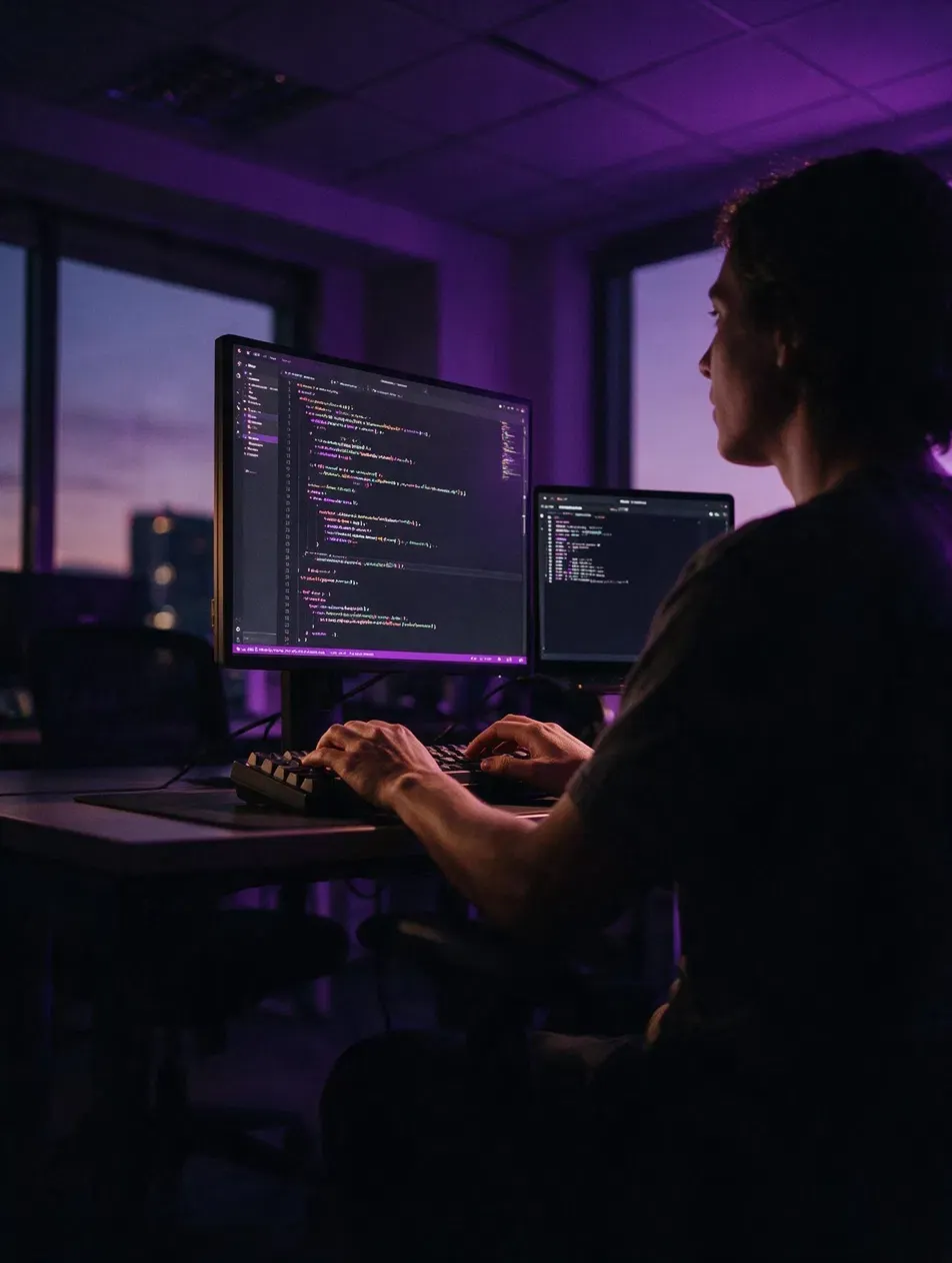 Desenvolvedor escrevendo código em dois monitores, em sala com luz violeta ao entardecer