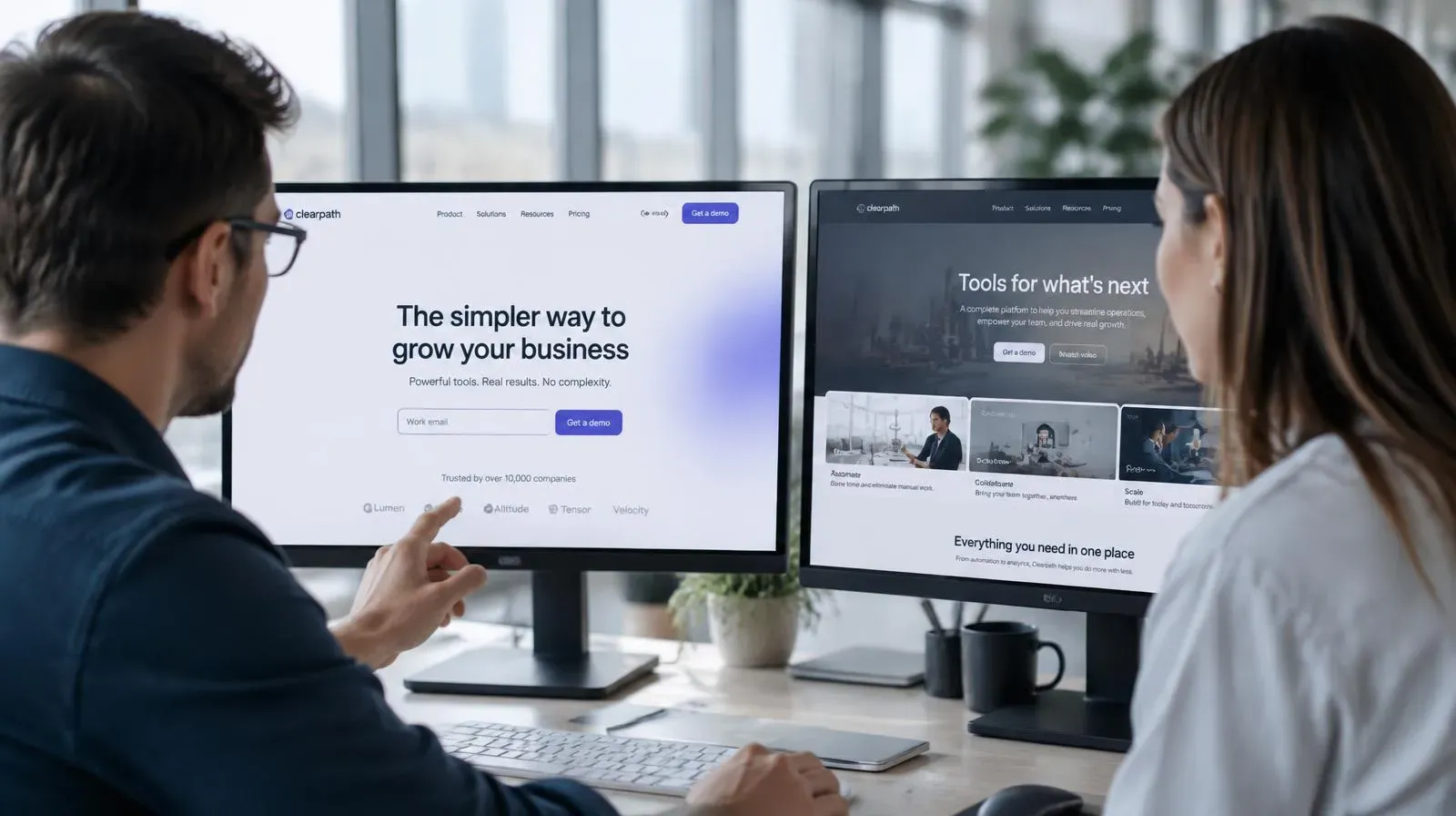 Profissionais comparam uma landing page focada em conversão e um site institucional completo em dois monitores.