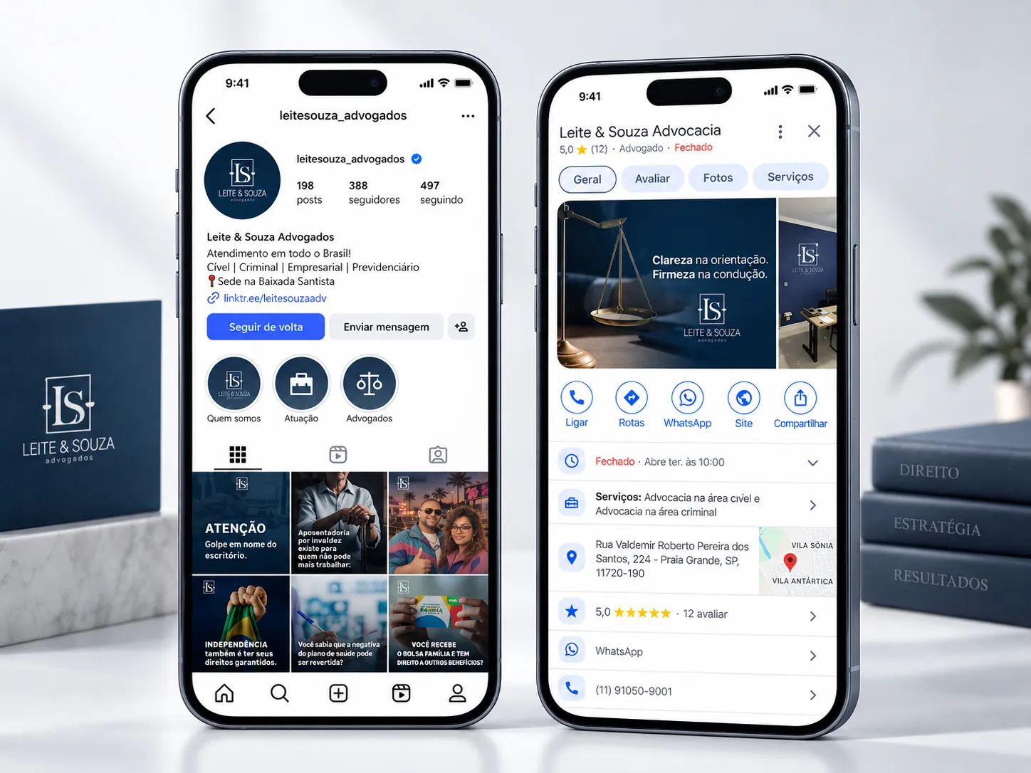 Perfil de rede social e ficha do Google Meu Negócio da Leite & Souza, lado a lado