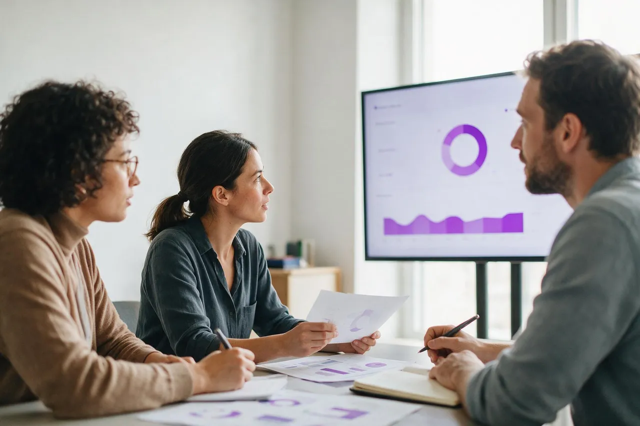 Equipe em reunião analisando painel de dados com indicadores em tela